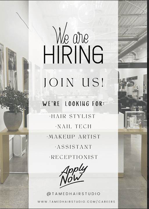 We are hiring" sign in hair studio for various positions including stylist, nail tech, and receptionist.